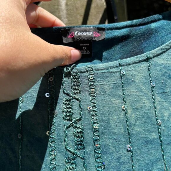 3/$15 Y2K vintage Blue-green sequin top with long sleeves womens 1x 2000s - Picture 3 of 7